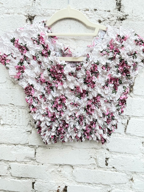 None Tops - Smocked White Crop Top with Pink Floral Accents